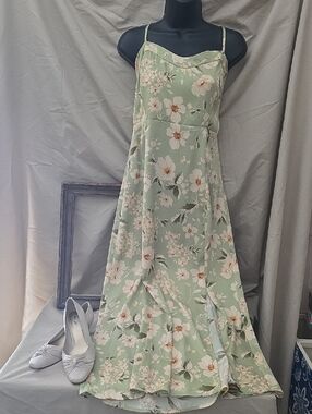 Floral Sage Green Maxi Dress with Spaghetti Straps